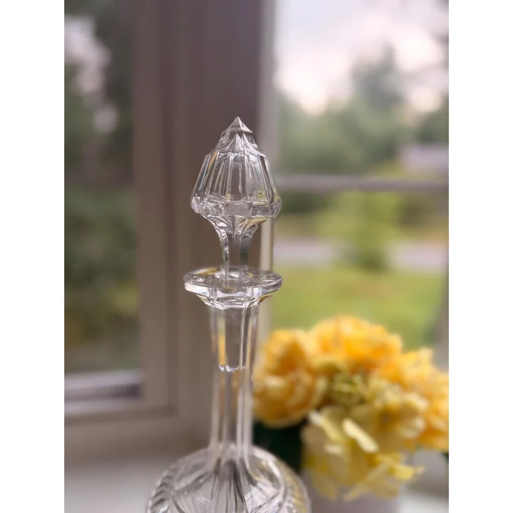 Vintage Crystal Decanter with Faceted Stopper, Pressed Glass Liquor Decanter, Ba